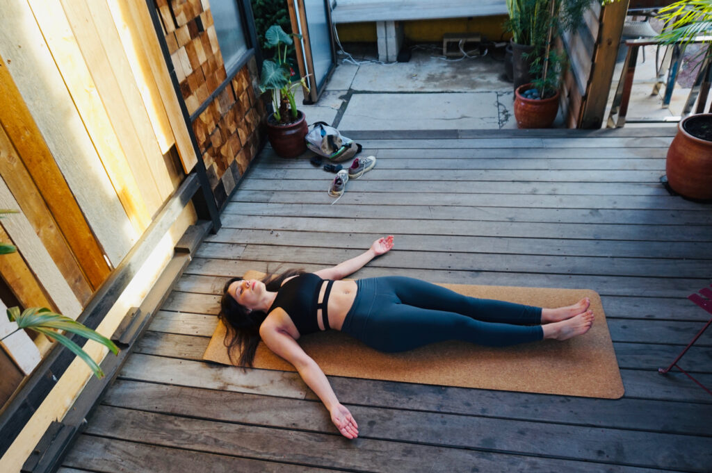 Earth Goods Eco Friendly Cork Yoga Mat shavasana pose image